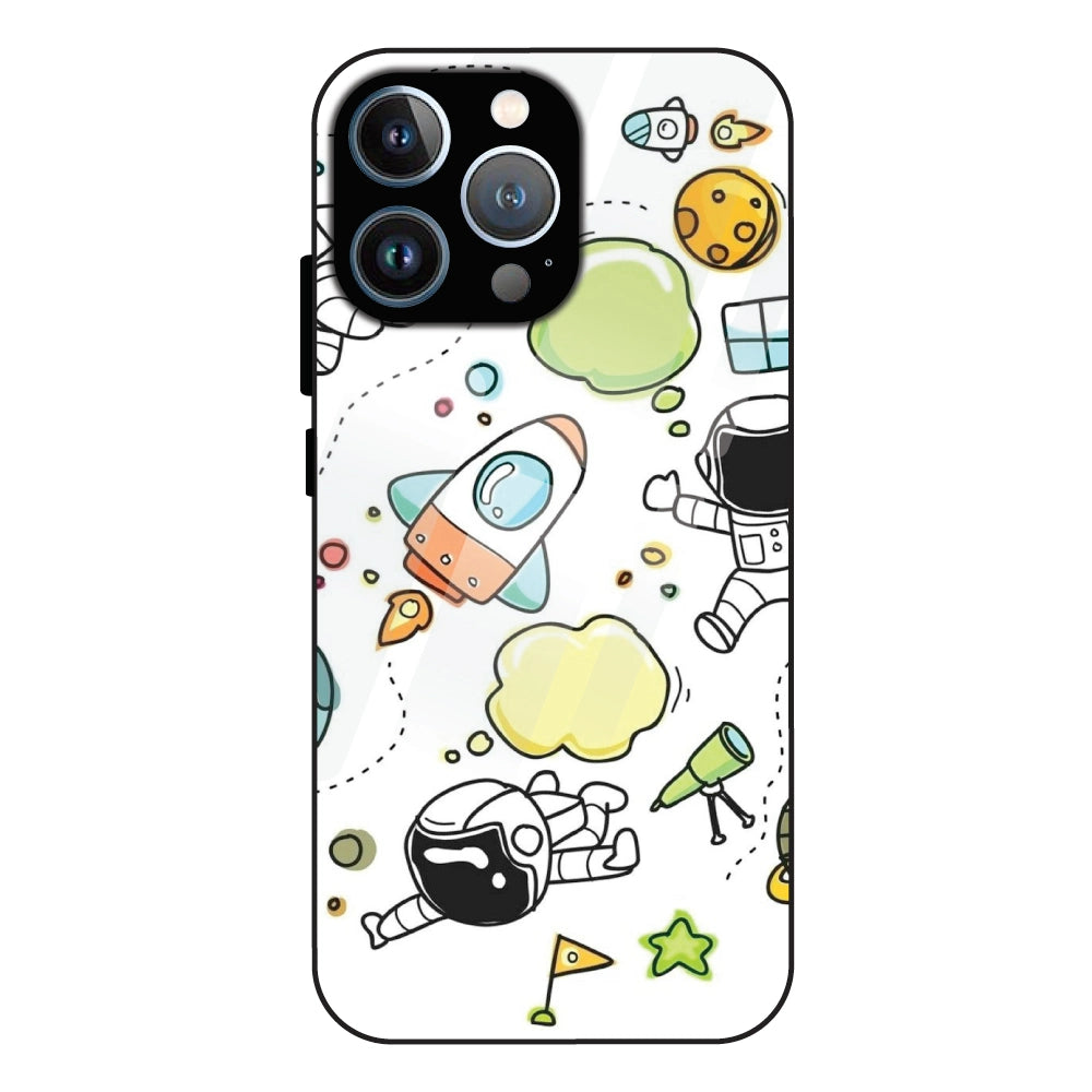Cute Rocket & Galaxy - Glass Case For Apple iPhone 15 Pro