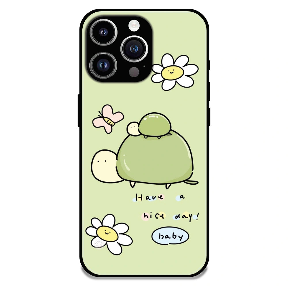 'Cute Turtle & Daisy “Have a Nice Day” - Glossy Metal Silicone Case For Apple iPhone 15 Pro