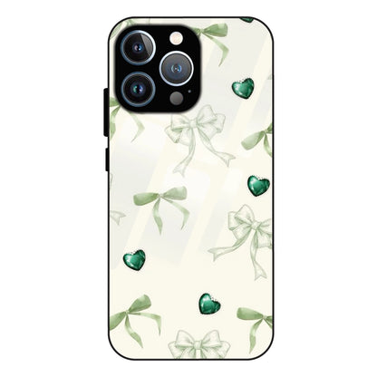 Elegant Green Bow & Heart Pattern - Glass Case For Apple iPhone 15 Pro