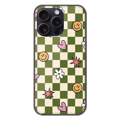 Checkerboard Smile Daisy Heart - Printed Silicone Case For Apple iPhone 15 Pro