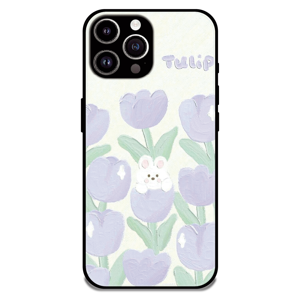 Cute Bunny Tulip - Glossy Metal Silicone Case For Apple iPhone 15 Pro