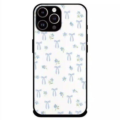 Soft Blue Bow Floral - Glossy Metal Silicone Case For Apple iPhone 15 Pro