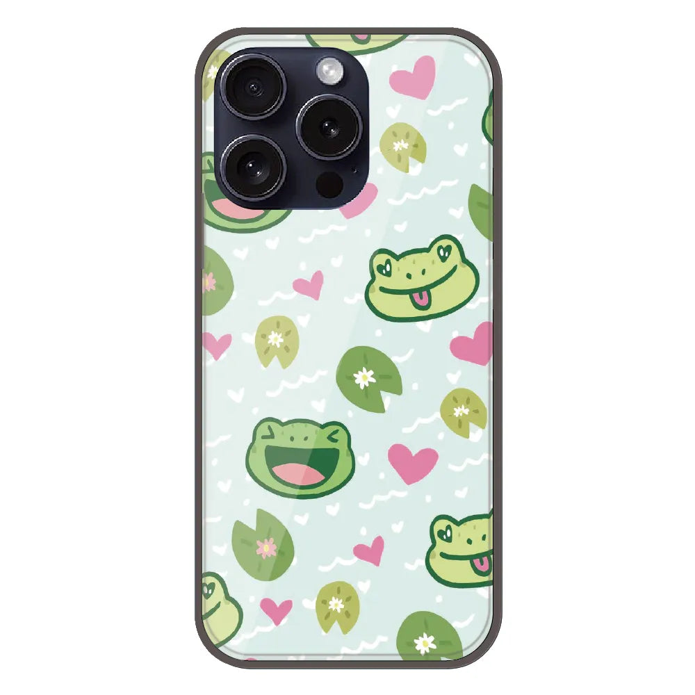 Cute Frog & Heart Pattern - Printed Silicone Case For Apple iPhone 15 Pro