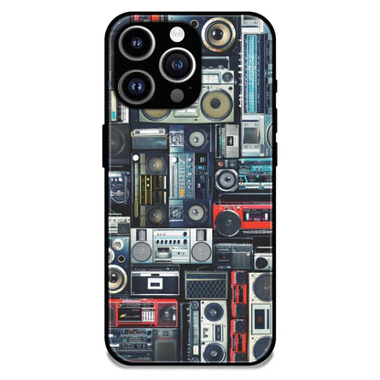 Retro Boombox Music Pattern - Glossy Metal Silicone Case For Apple iPhone 15 Pro