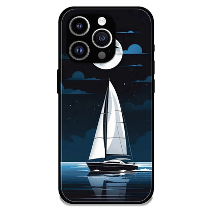Moonlight Sailboat - Glossy Metal Silicone Case For Apple iPhone 15 Pro