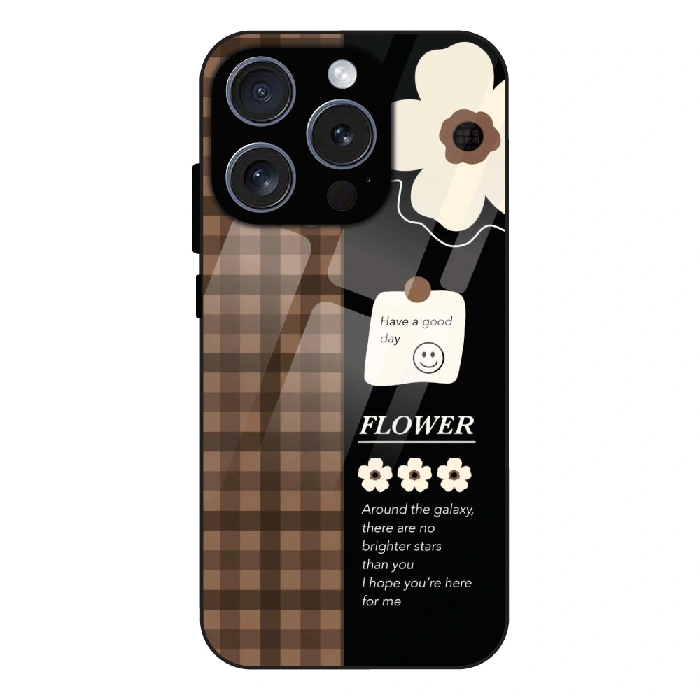 Brown Checkered Flower Quote - Glass Case For Apple iPhone 15 Pro