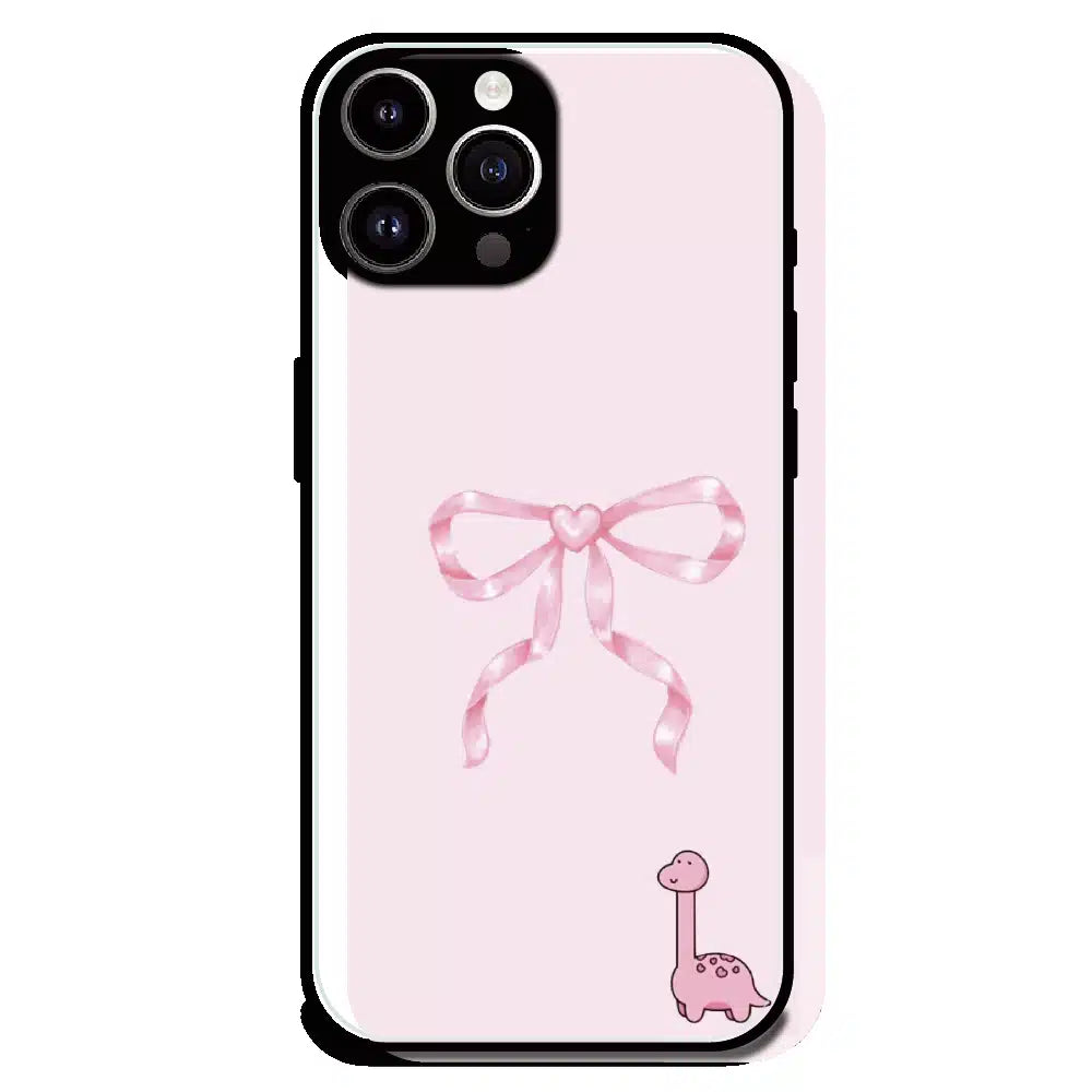 Cute Pink Dino Bow - Glossy Metal Silicone Case For Apple iPhone 15 Pro