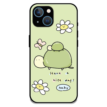 'Cute Turtle & Daisy “Have a Nice Day” - Glossy Metal Silicone Case For Apple iPhone 15