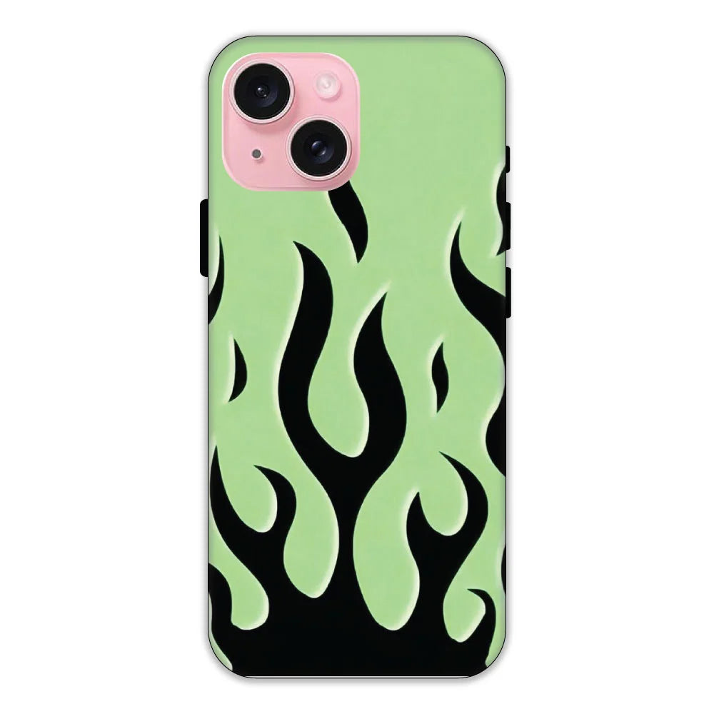 Green & Black Flames Hard Case Apple iPhone 15 Models