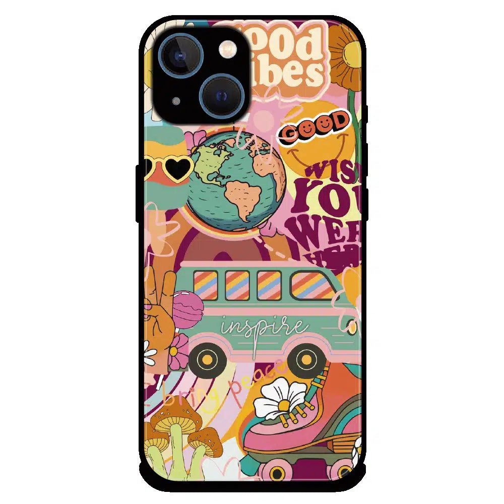 Good Vibes Retro Travel Art - Glossy Metal Silicone Case For Apple iPhone 15