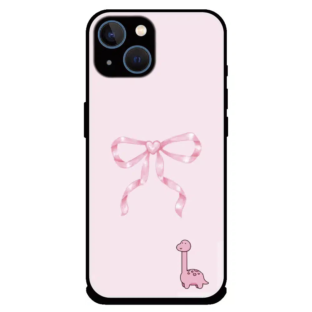 Cute Pink Dino Bow - Glossy Metal Silicone Case For Apple iPhone 15