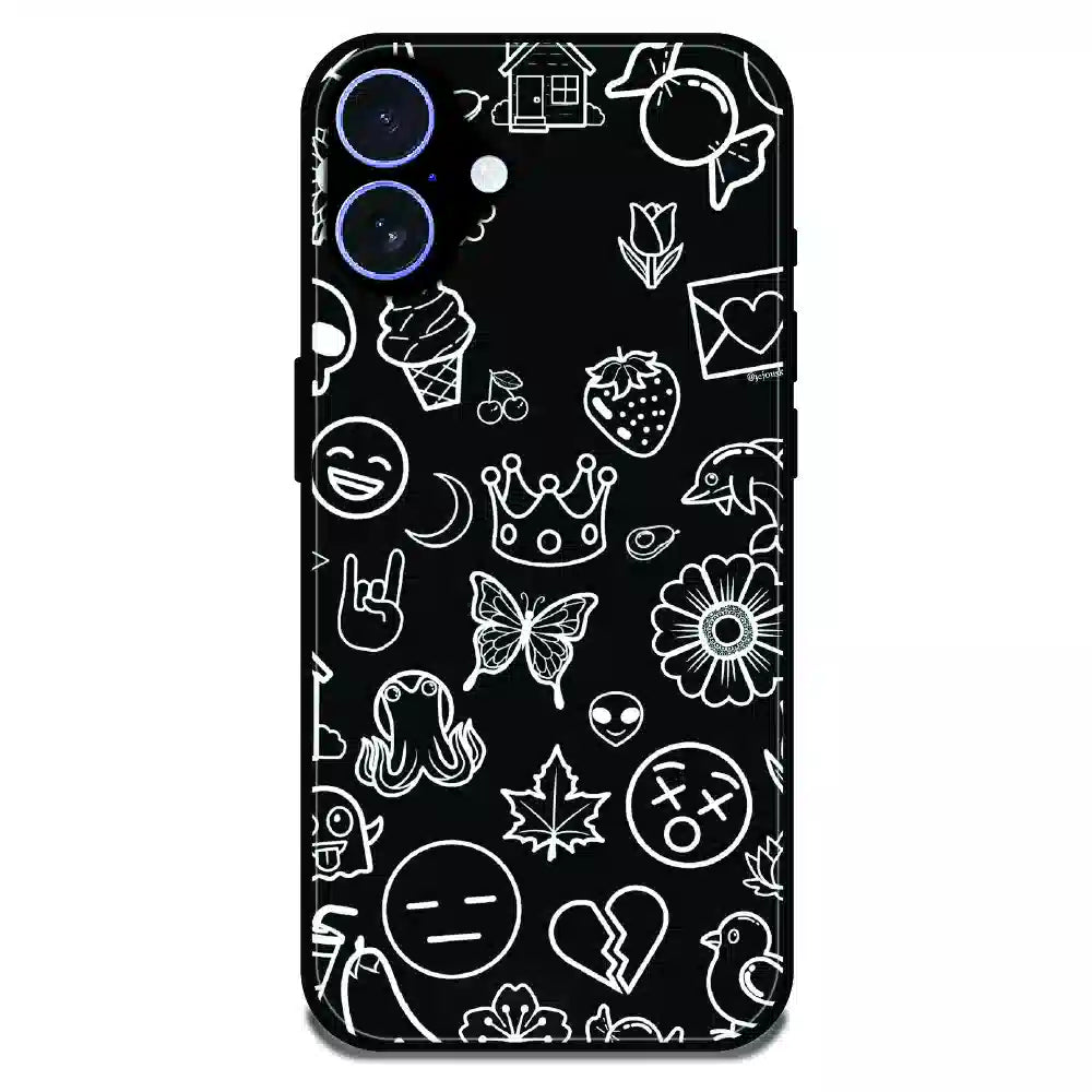 Black Doodle Icons Pattern - Glossy Metal Silicone Case For Apple iPhone 16