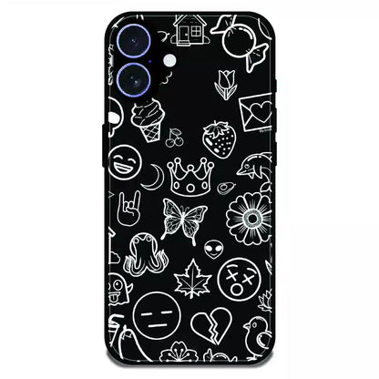 Black Doodle Icons Pattern - Glossy Metal Silicone Case For Apple iPhone 16