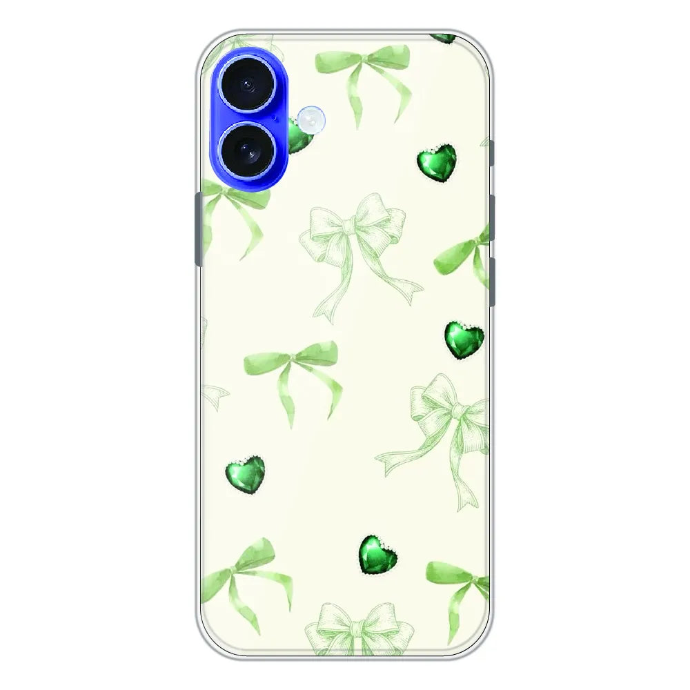 Elegant Green Bow & Heart Pattern - Printed Silicone Case For Apple iPhone 16