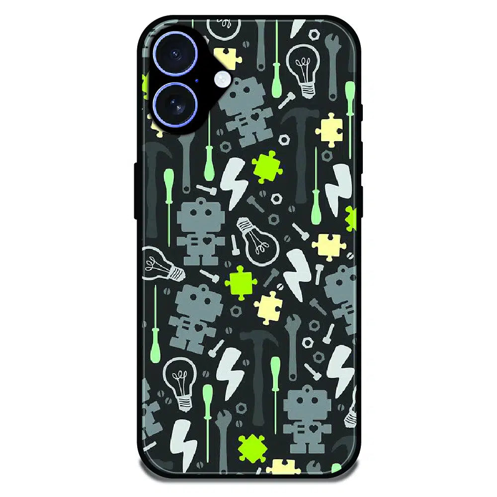 Robot Tools Pattern - Glossy Metal Silicone Case For Apple iPhone 16 Plus