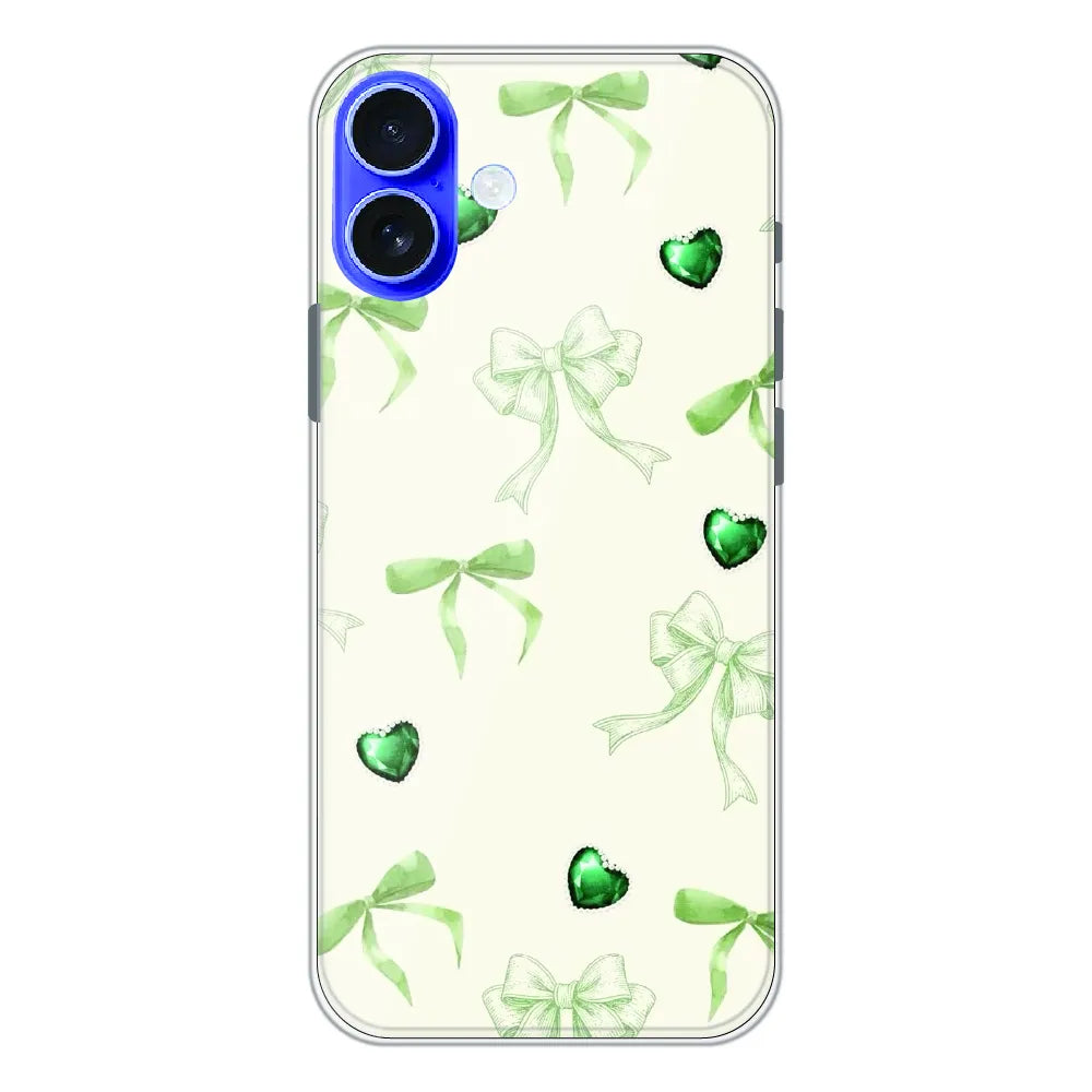 Elegant Green Bow & Heart Pattern - Printed Silicone Case For Apple iPhone 16 Plus