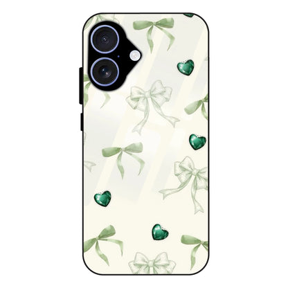Elegant Green Bow & Heart Pattern - Glass Case For Apple iPhone 16 Plus