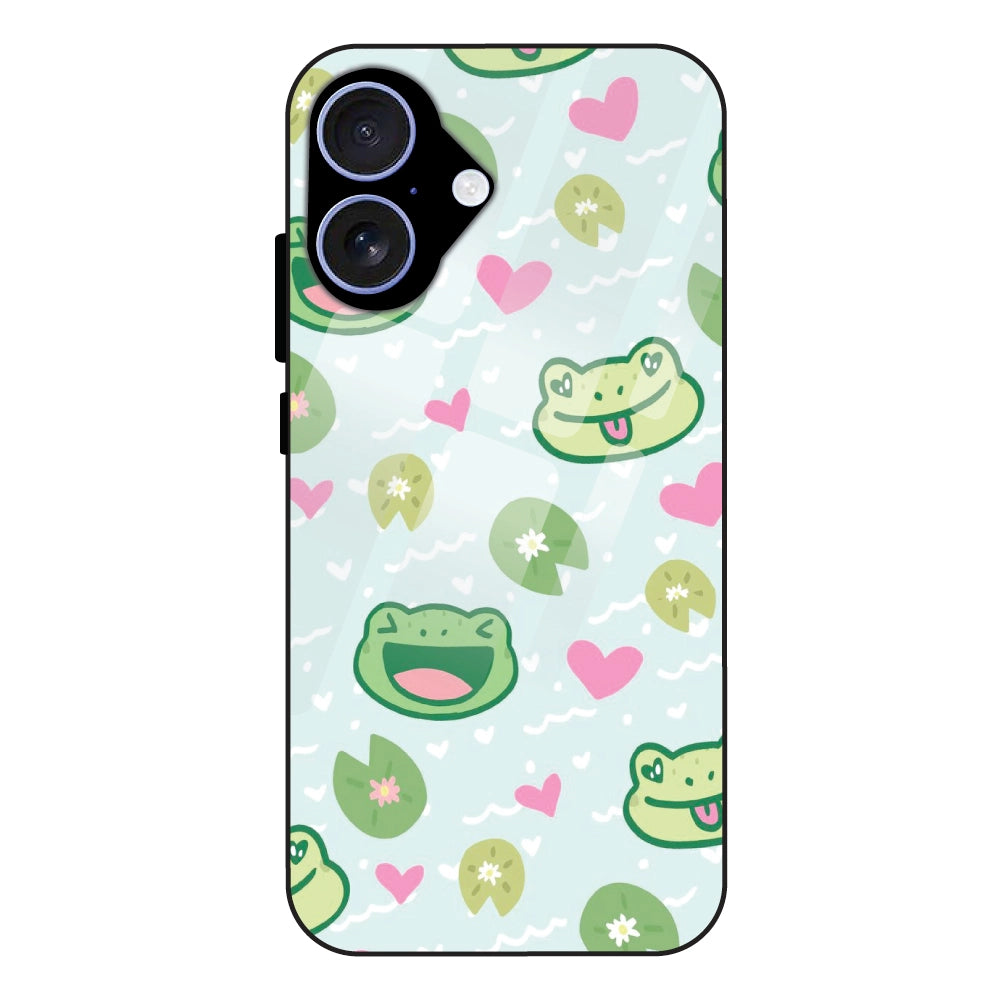 Cute Frog & Heart Pattern - Glass Case For Apple iPhone 16 Plus