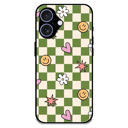Checkerboard Smile Daisy Heart - Glossy Metal Silicone Case For Apple iPhone 16 Plus