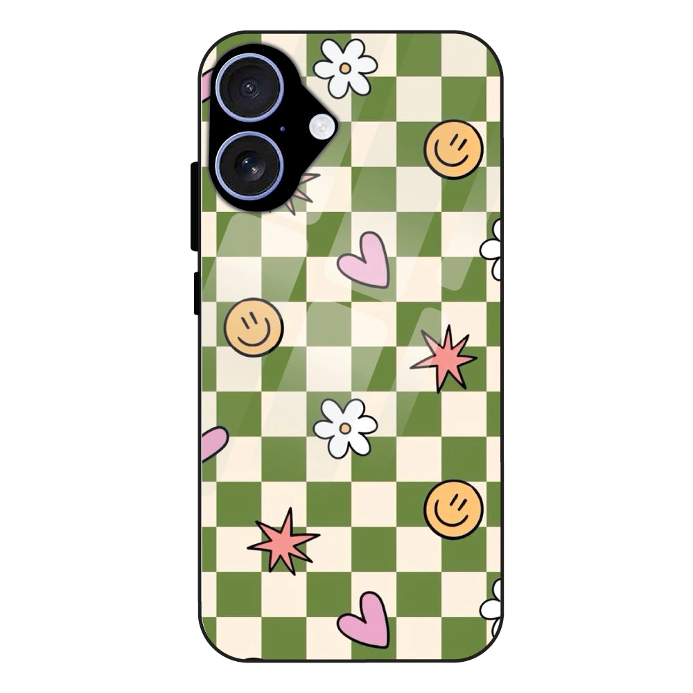 Checkerboard Smile Daisy Heart - Glass Case For Apple iPhone 16 Plus