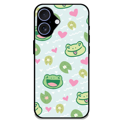 Cute Frog & Heart Pattern - Glossy Metal Silicone Case For Apple iPhone 16 Plus