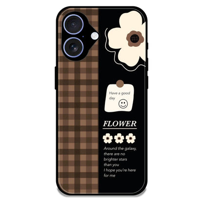 Brown Checkered Flower Quote - Glossy Metal Silicone Case For Apple iPhone 16 Plus