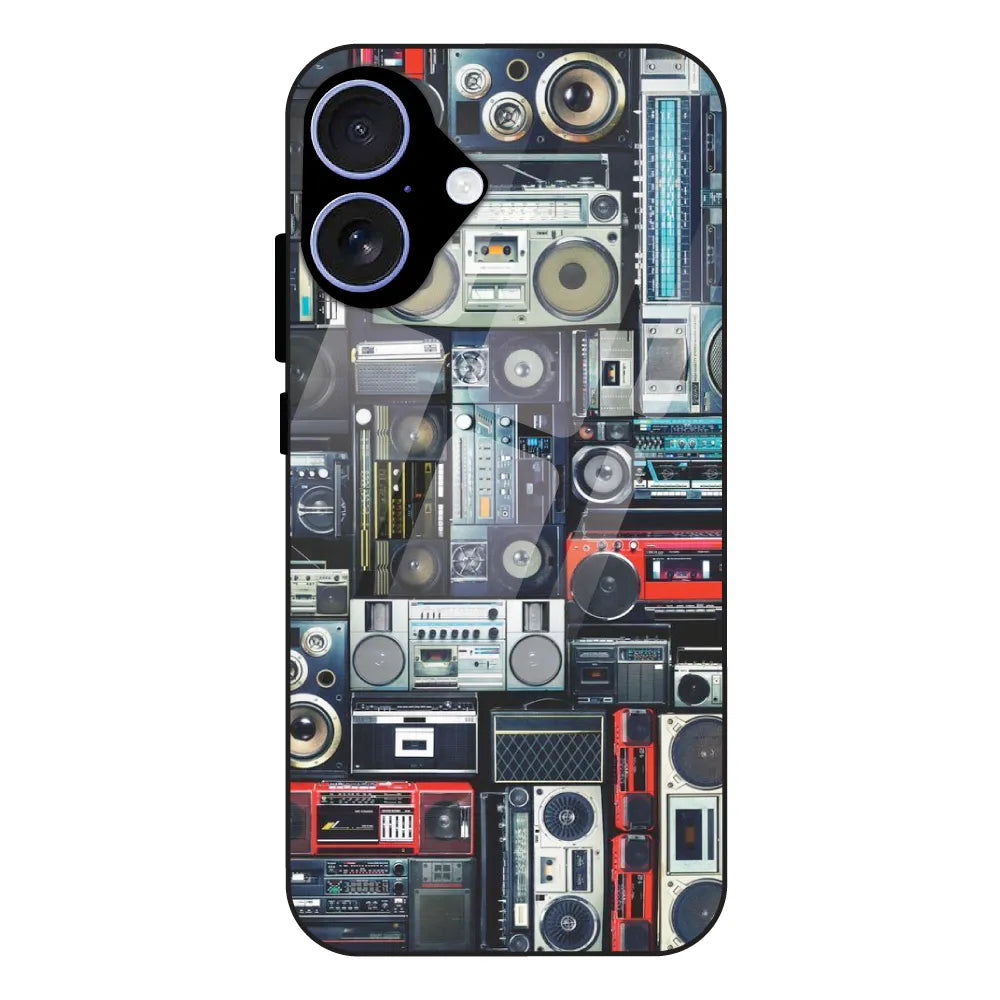 Retro Boombox Music Pattern - Glass Case For Apple iPhone 16 Plus