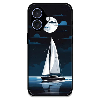 Moonlight Sailboat - Glossy Metal Silicone Case For Apple iPhone 16 Plus