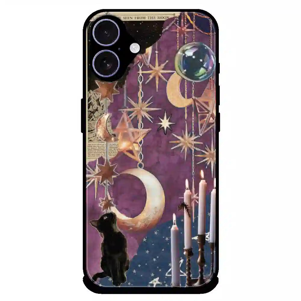 Celestial Moon Cat Art - Glossy Metal Silicone Case For Apple iPhone 16 Plus