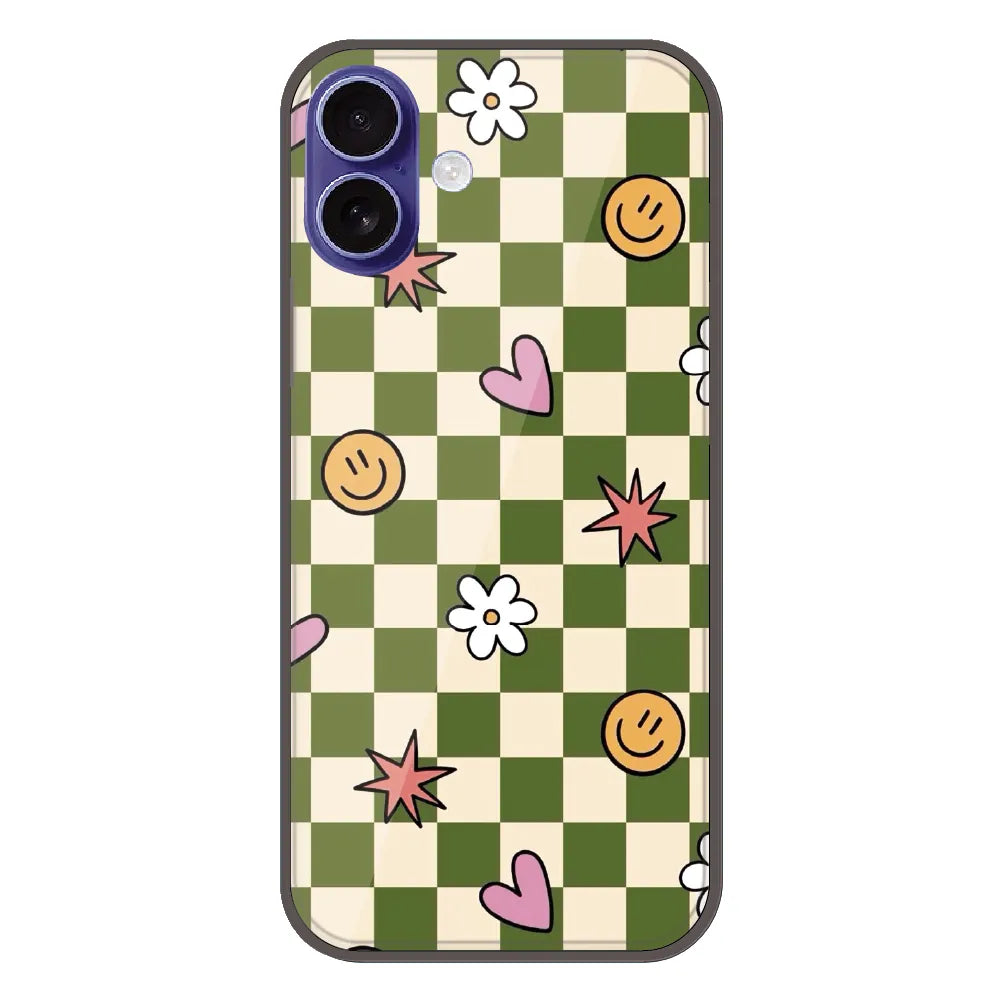 Checkerboard Smile Daisy Heart - Printed Silicone Case For Apple iPhone 16 Plus