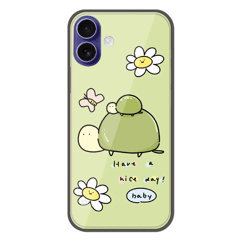 Cute Turtle & Daisy “Have a Nice Day” - Printed Silicone Case For Apple iPhone 16 Plus