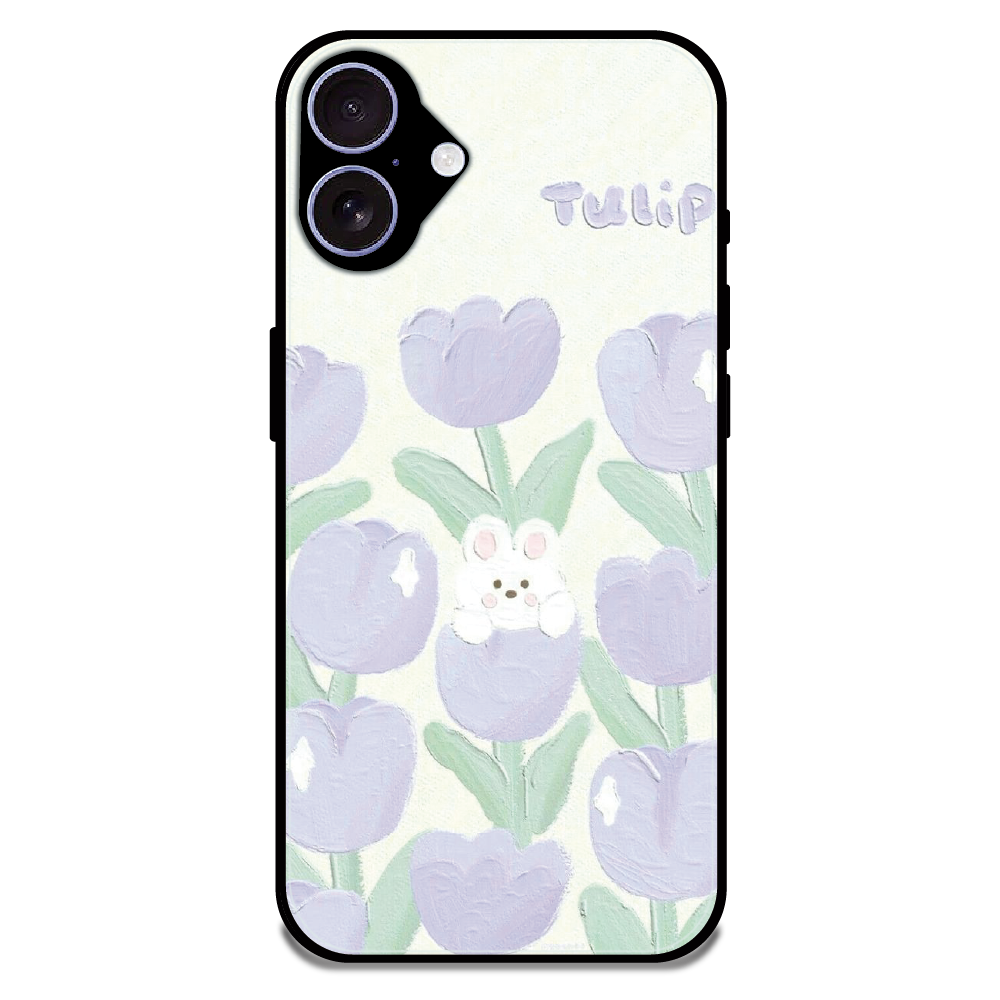 Cute Bunny Tulip - Glossy Metal Silicone Case For Apple iPhone 16 Plus