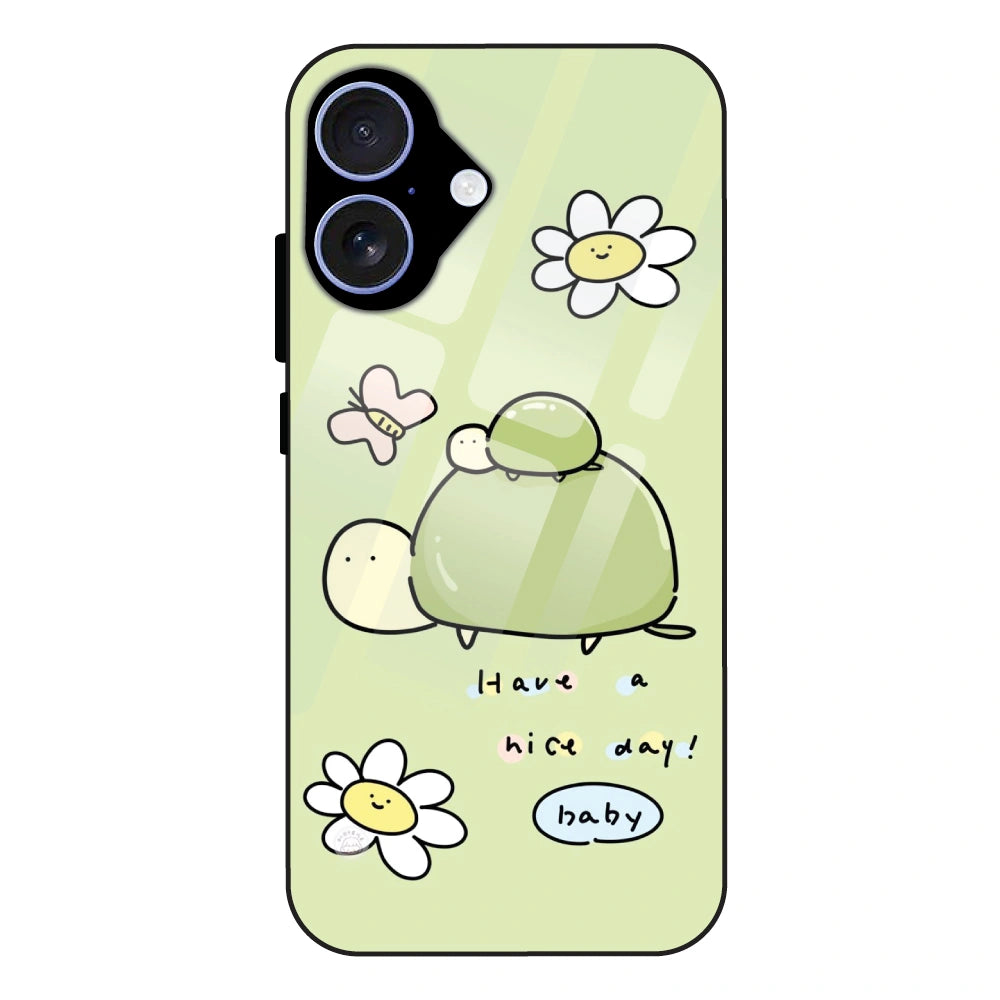 Cute Turtle & Daisy “Have a Nice Day” - Glass Case For Apple iPhone 16 Plus