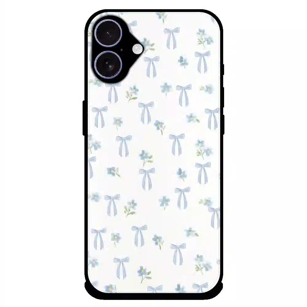 Soft Blue Bow Floral - Glossy Metal Silicone Case For Apple iPhone 16 Plus