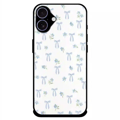 Soft Blue Bow Floral - Glossy Metal Silicone Case For Apple iPhone 16 Plus