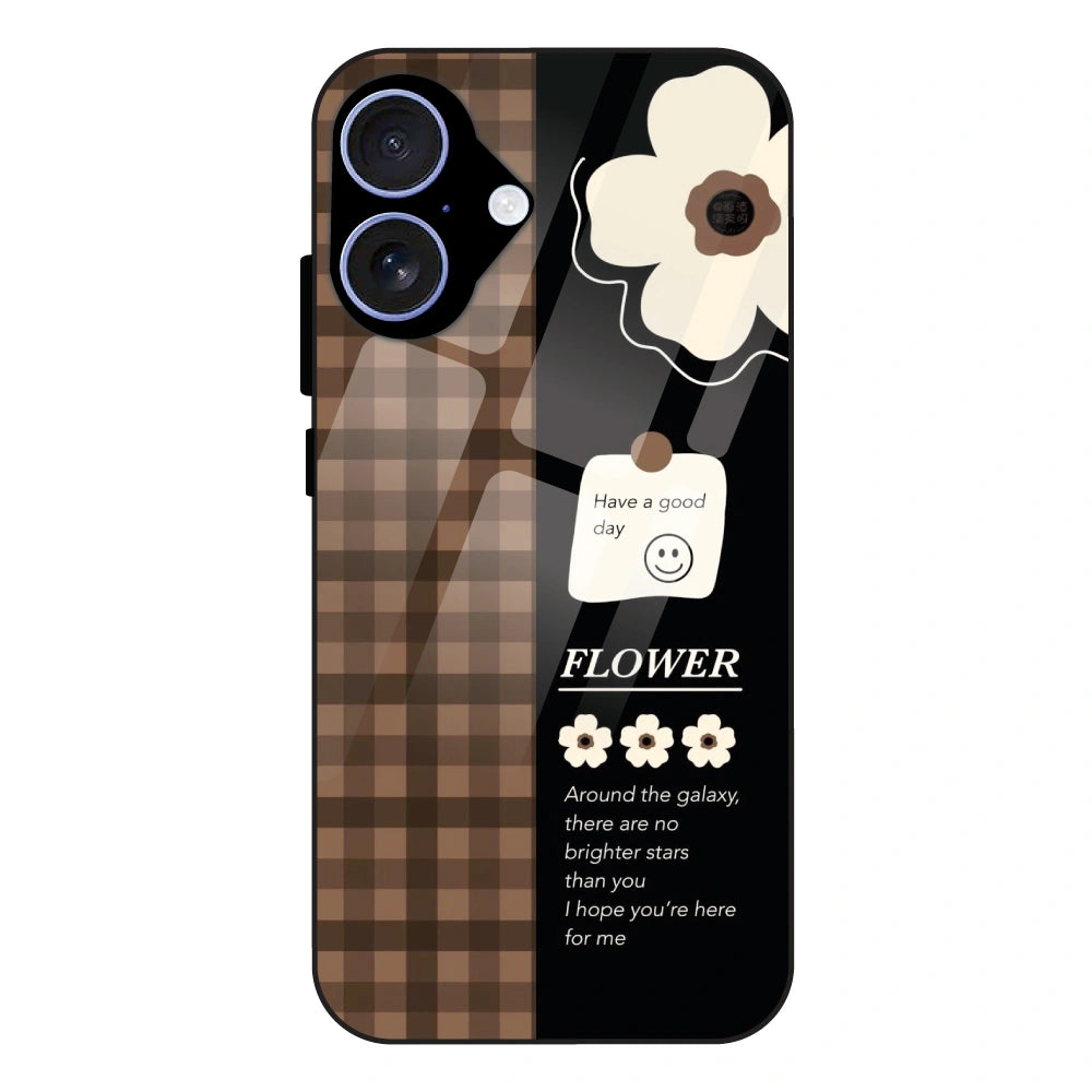 Brown Checkered Flower Quote - Glass Case For Apple iPhone 16 Plus