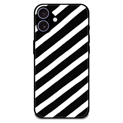 Monochrome Diagonal Stripe - Glossy Metal Silicone Case For Apple iPhone 16 Plus