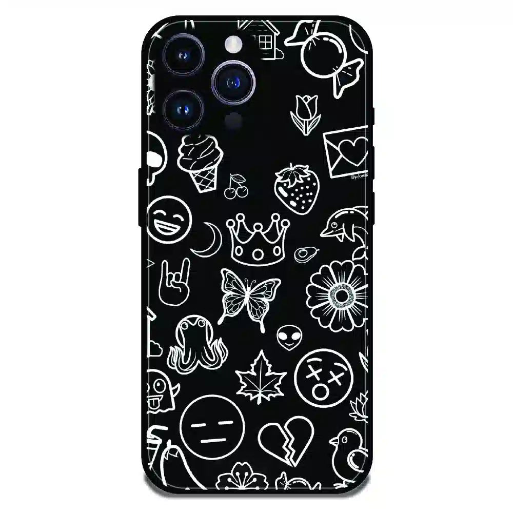 Black Doodle Icons Pattern - Glossy Metal Silicone Case For Apple iPhone 16 Pro