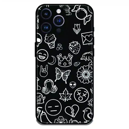 Black Doodle Icons Pattern - Glossy Metal Silicone Case For Apple iPhone 16 Pro