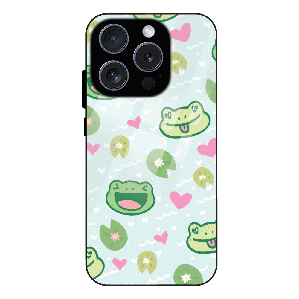 Cute Frog & Heart Pattern - Glass Case For Apple iPhone 16 Pro Max