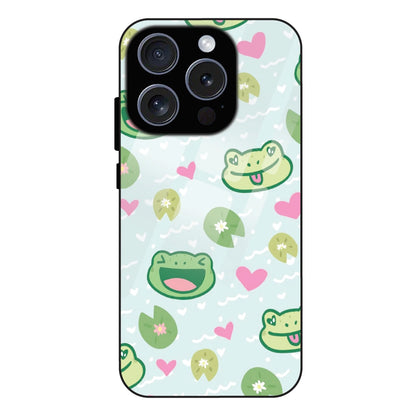 Cute Frog & Heart Pattern - Glass Case For Apple iPhone 16 Pro Max
