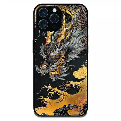 Golden Dragon Japanese Art - Glossy Metal Silicone Case For Apple 16 Pro Max