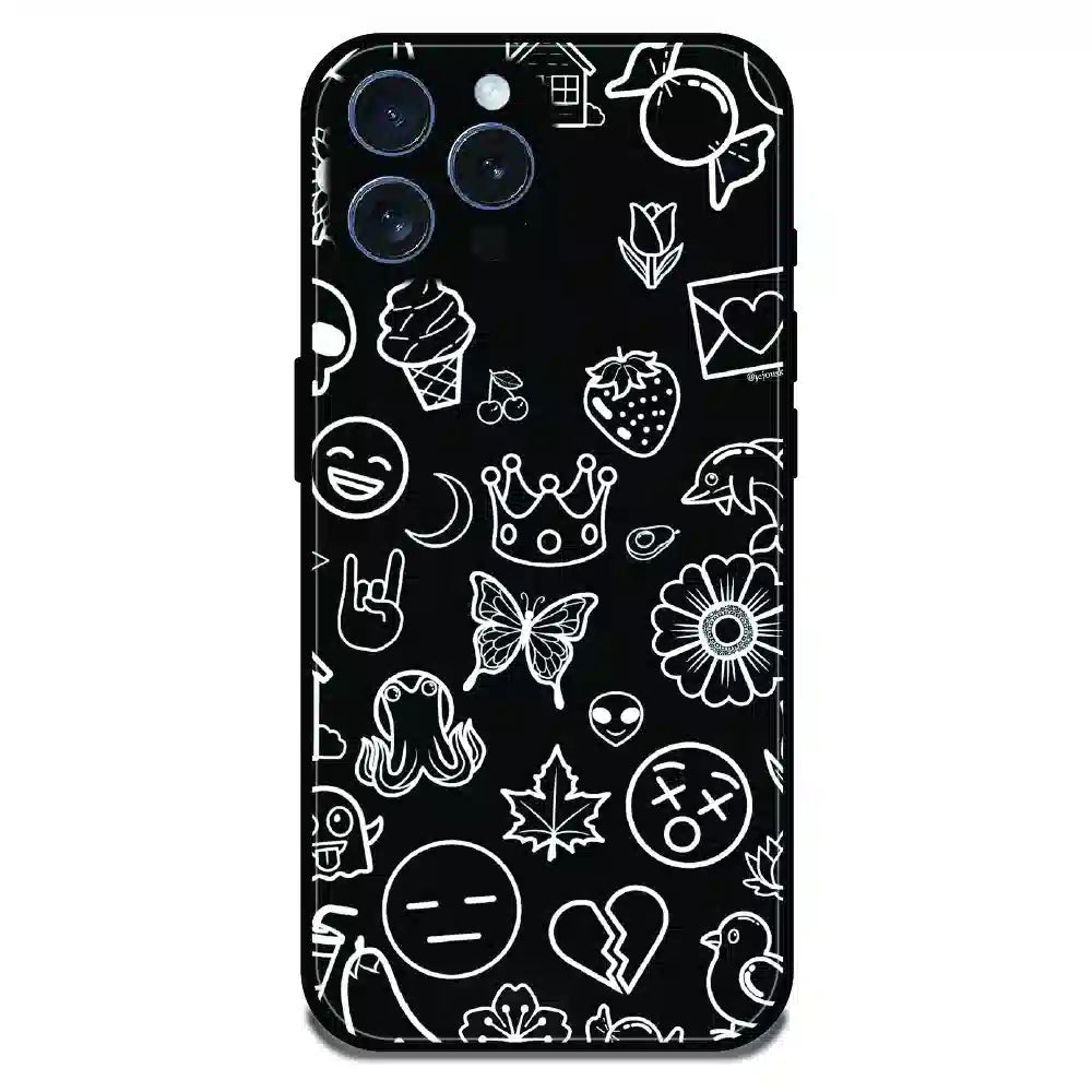 Black Doodle Icons Pattern - Glossy Metal Silicone Case For Apple iPhone 16 Pro Max