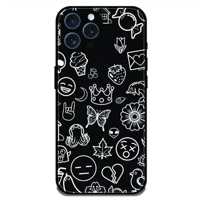 Black Doodle Icons Pattern - Glossy Metal Silicone Case For Apple iPhone 16 Pro Max