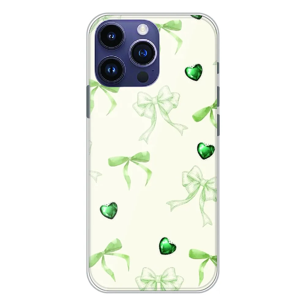 Elegant Green Bow & Heart Pattern - Printed Silicone Case For Apple iPhone 16 Pro Max