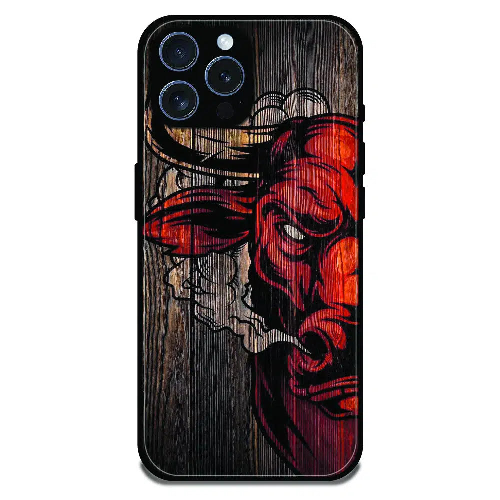 Abstract Red Mask Wood Art - Glossy Metal Silicone Case For Apple iPhone 16 Pro Max