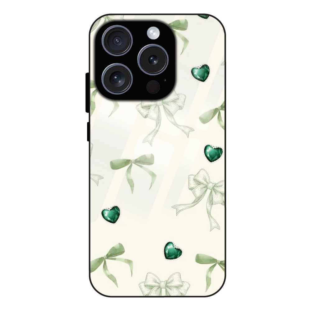 Elegant Green Bow & Heart Pattern - Glass Case For Apple iPhone 16 Pro Max