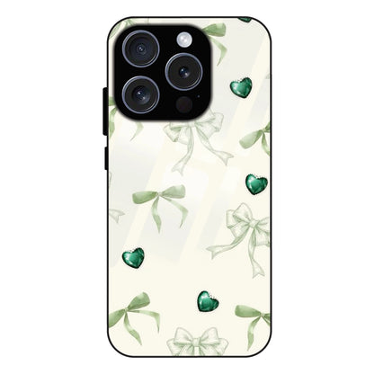 Elegant Green Bow & Heart Pattern - Glass Case For Apple iPhone 16 Pro Max