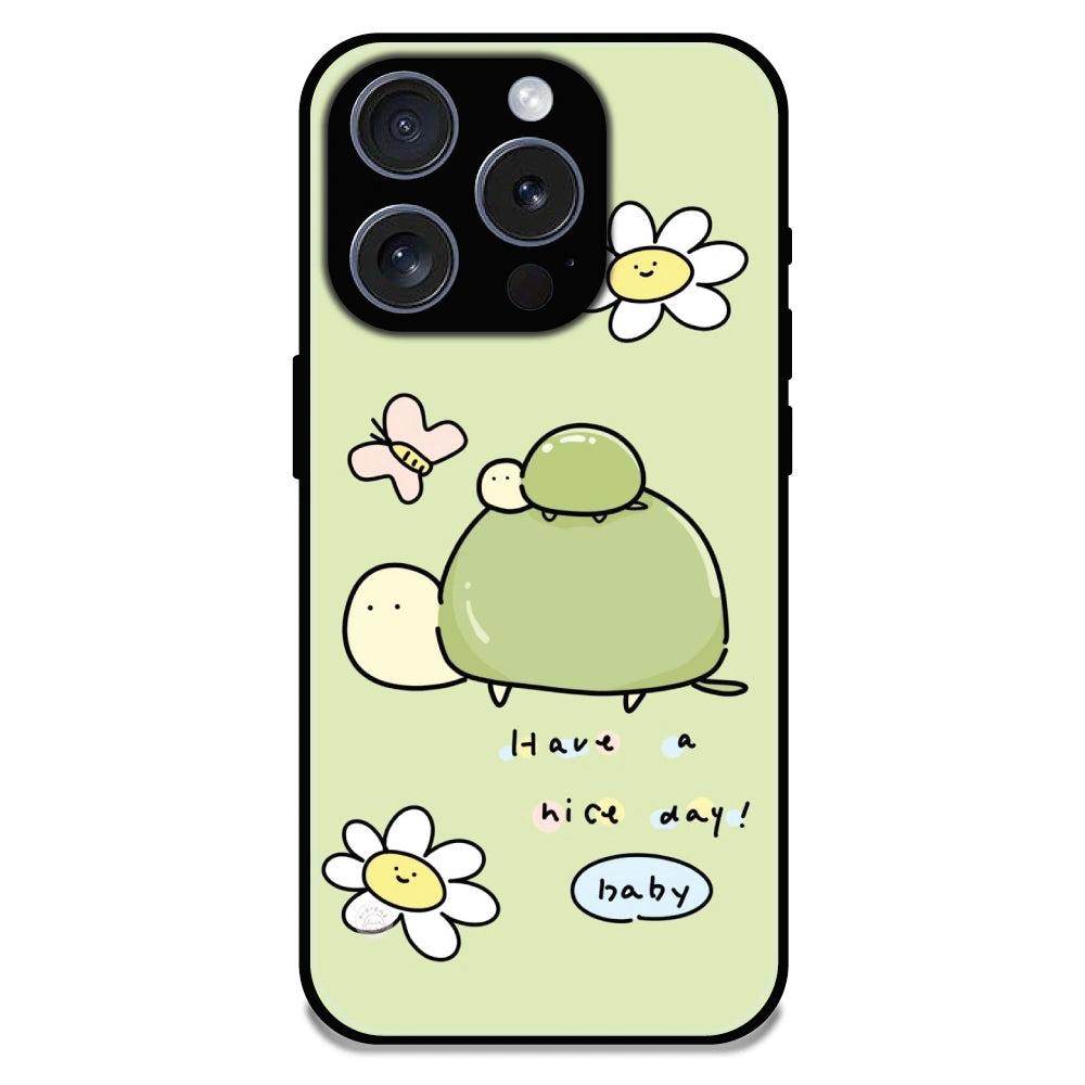 'Cute Turtle & Daisy “Have a Nice Day” - Glossy Metal Silicone Case For Apple iPhone 16 Pro Max