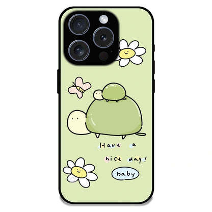 'Cute Turtle & Daisy “Have a Nice Day” - Glossy Metal Silicone Case For Apple iPhone 16 Pro Max